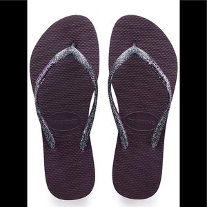 New purple metallic and glitter slim flip flops